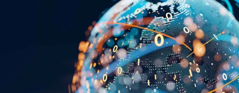 Earth represented by little dots, binary lines, and code
